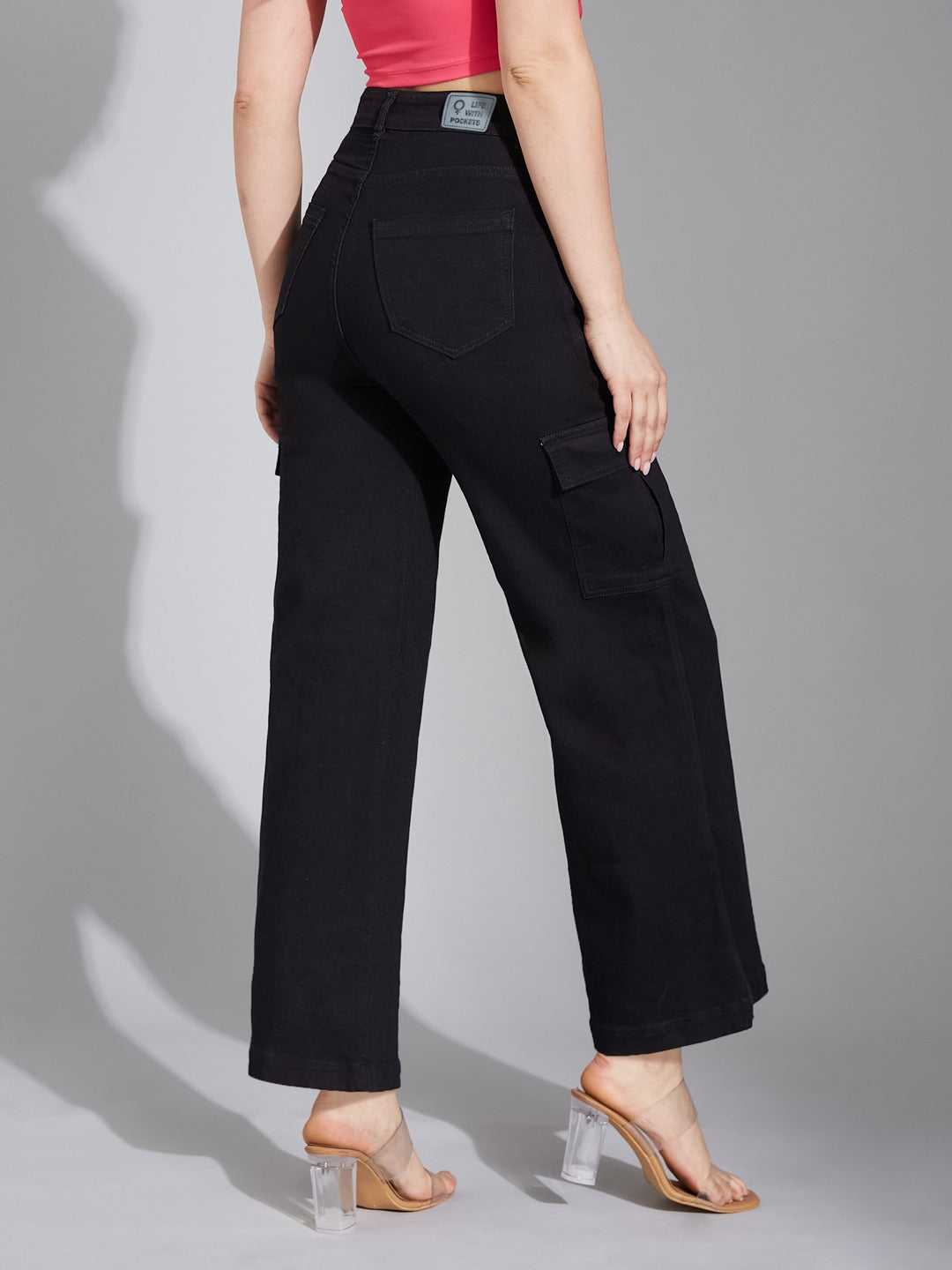 Black Wide-Leg High-Rise Stretchable Denim Cargo Jeans for Women