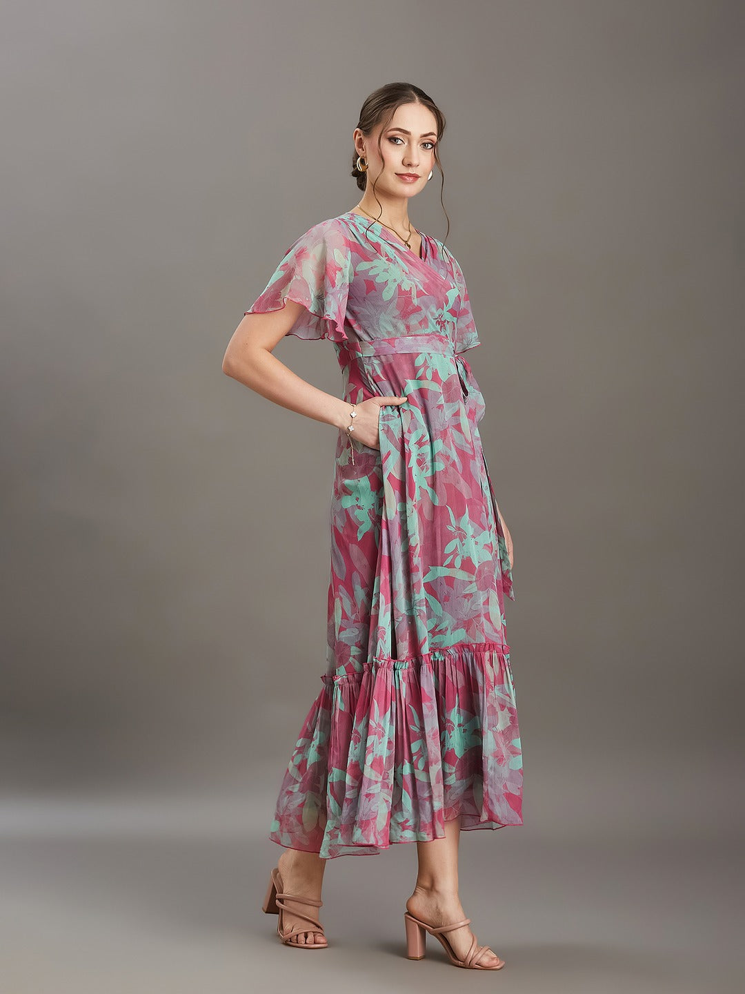 Pink & Mint Floral V-Neck Flutter Sleeve Wrap Chiffon Maxi Dress for Women