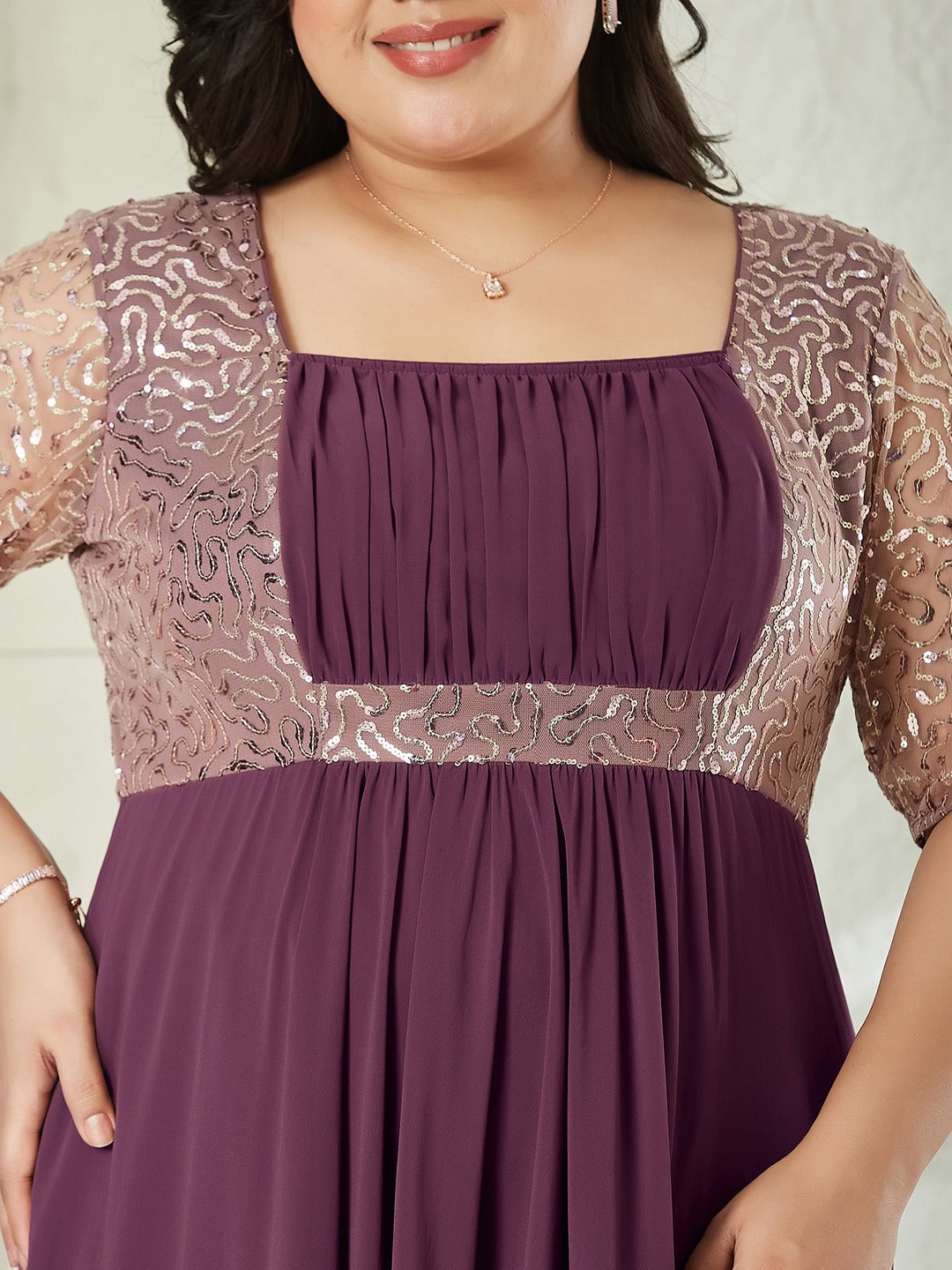 Mauve Square Neck Half Sleeve Solid Embellished Georgette Maxi Dress for Women