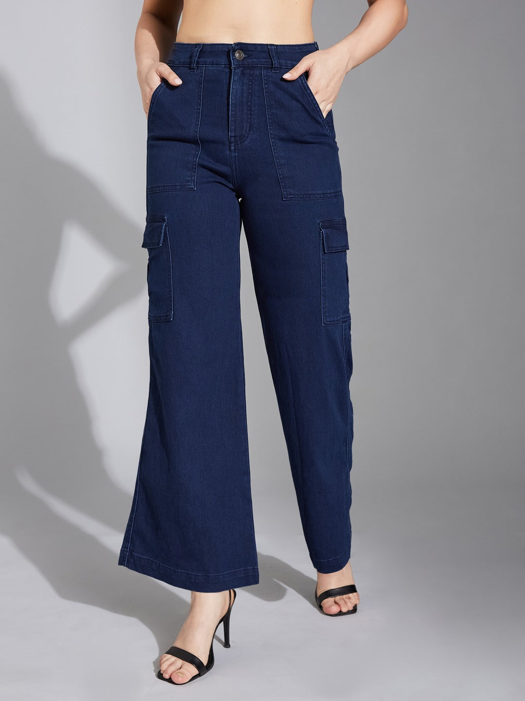 Navy Blue Wide-Leg High-Rise Stretchable Denim Cargo Jeans for Women