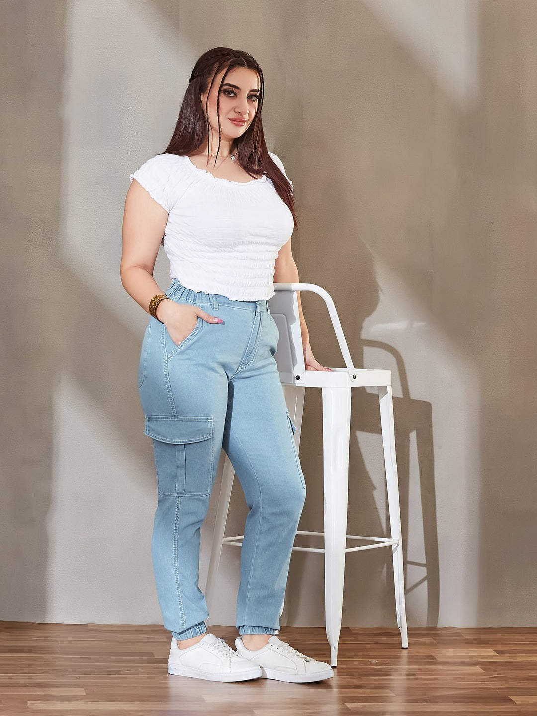 Navy Blue Wide-Leg High-Rise Stretchable Denim Jeans for Women