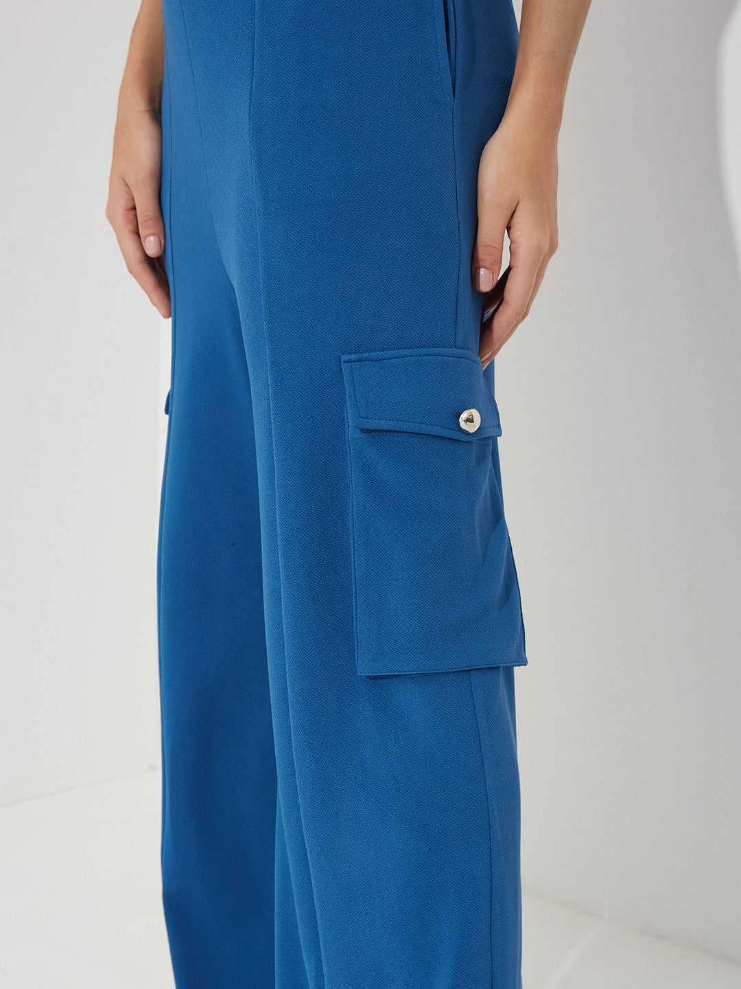 Azure Blue Round Neck Half Sleeve Solid Polyester Regular Fit Dungaree Co-Ord Set for Women