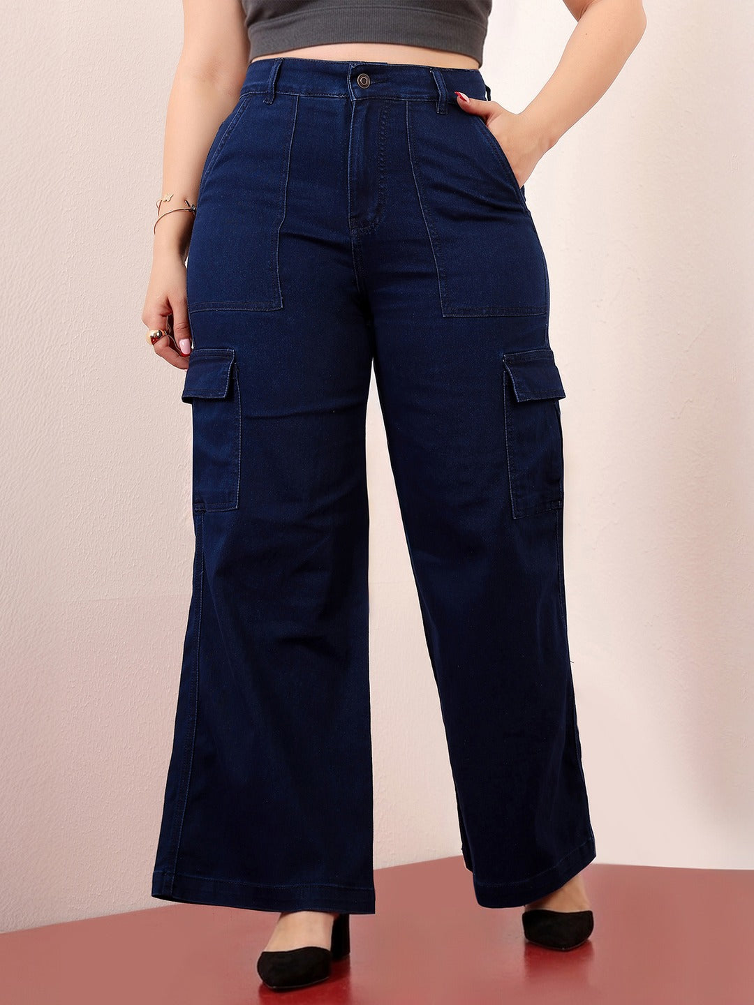 Navy Blue Wide-Leg High-Rise Stretchable Denim Cargo Jeans for Women