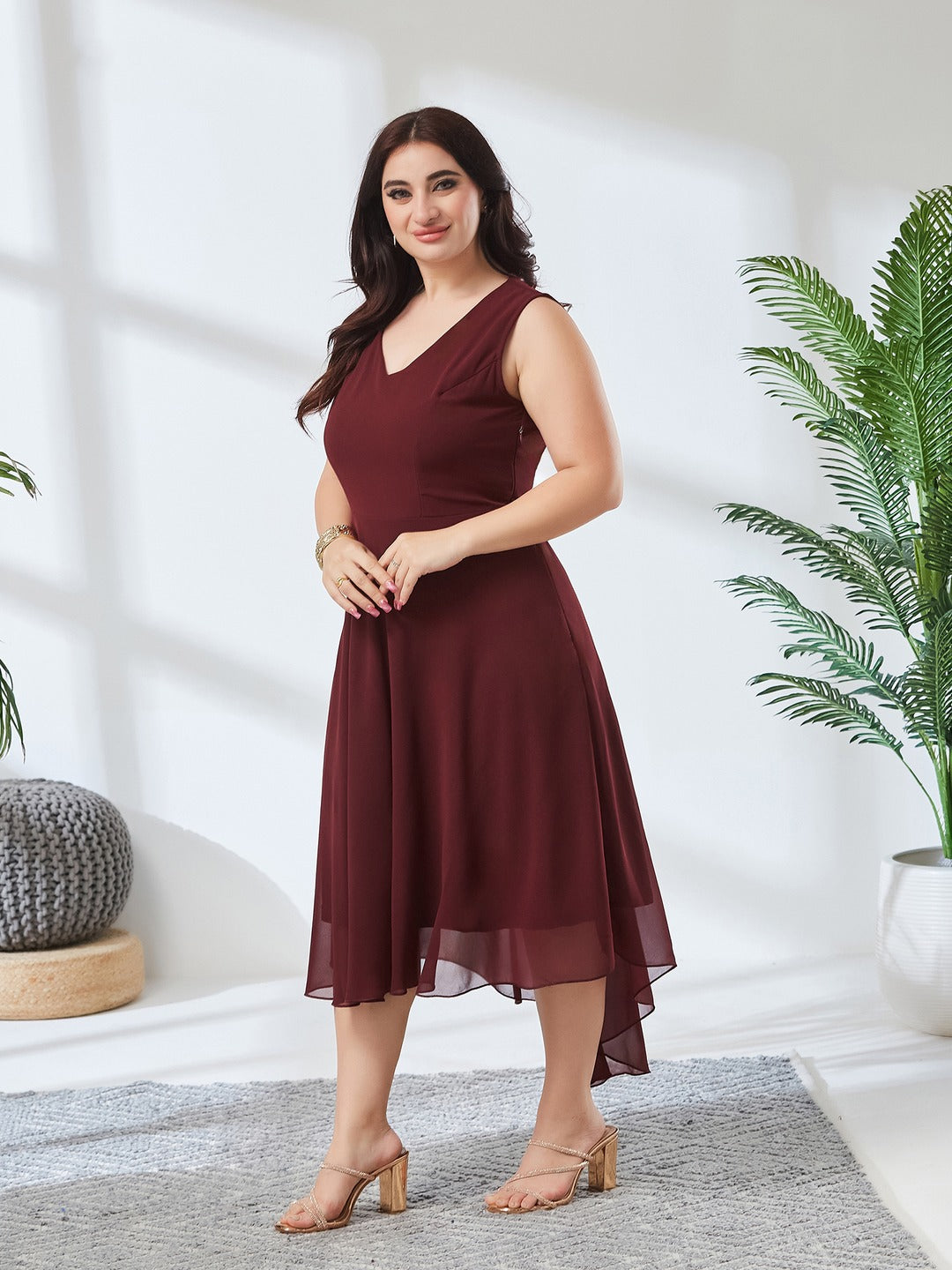 Wine Red V-Neck Sleeveless Solid High-Low Midi Skater Dress for Women