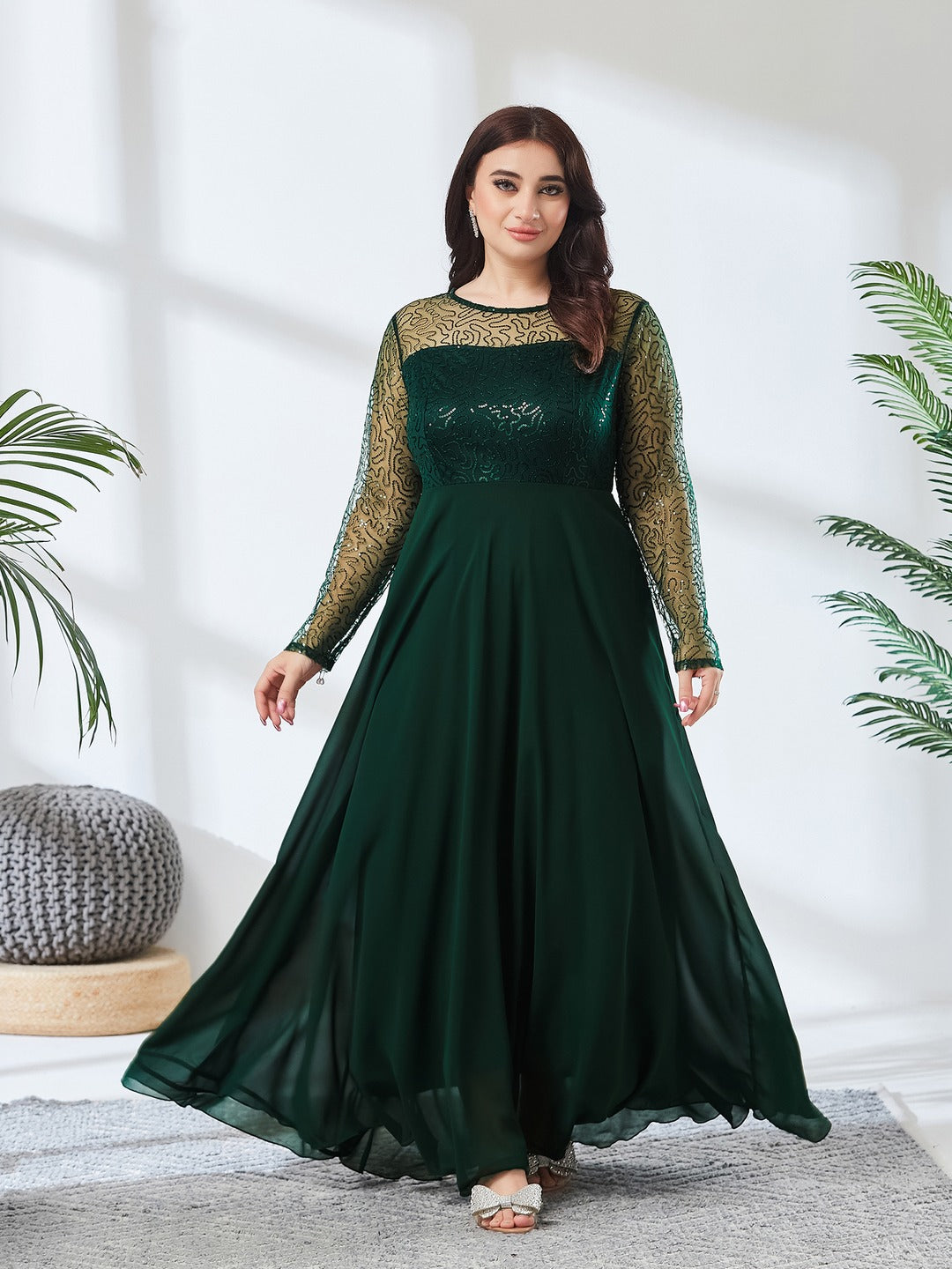 Dark Green Solid Embellished Maxi Dress for Women