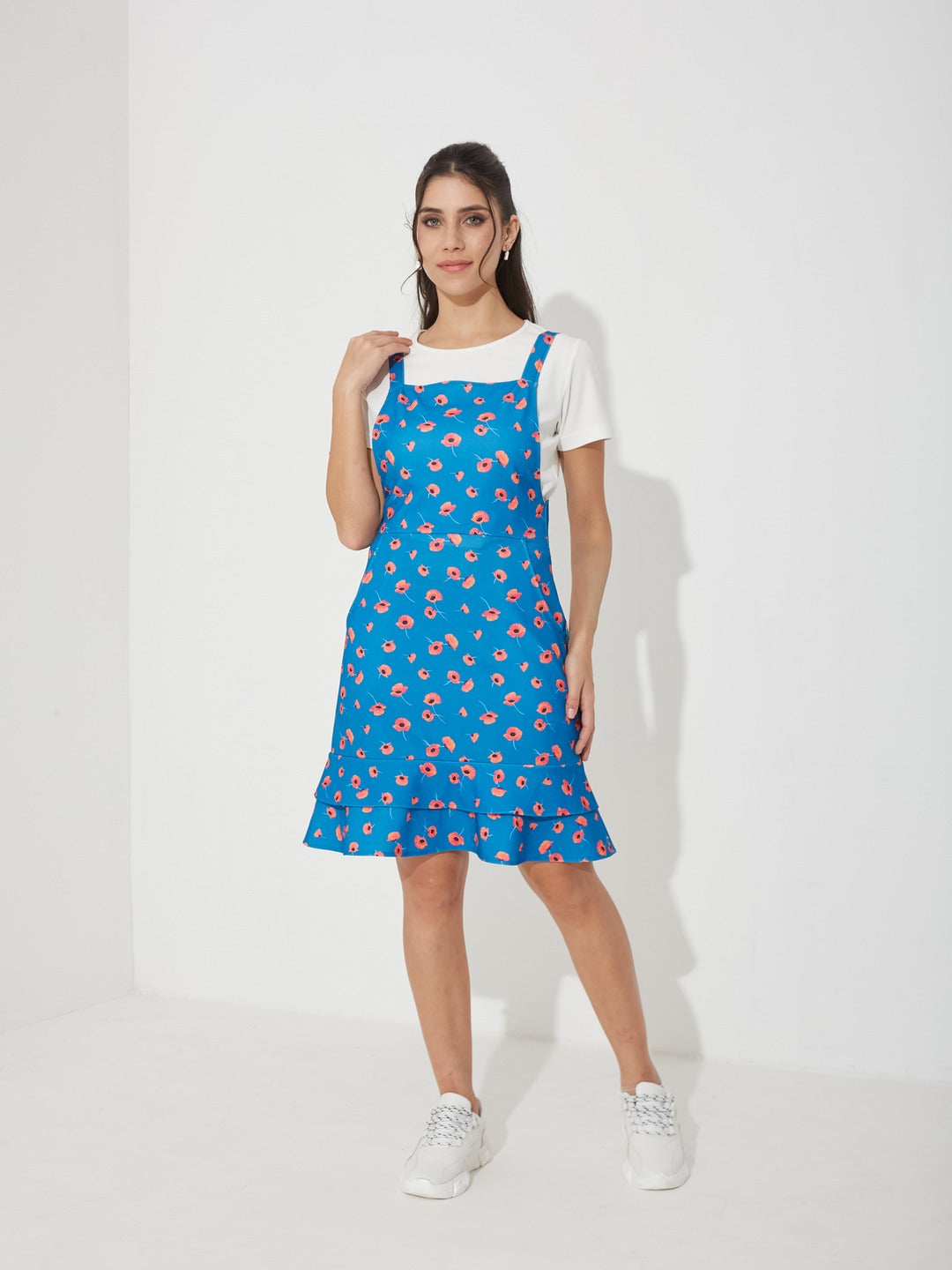 Blue Round Neck Half Sleeve Floral Pinafore Dress Knee-Long Polyester Pinafore Co-Ord Set for Women