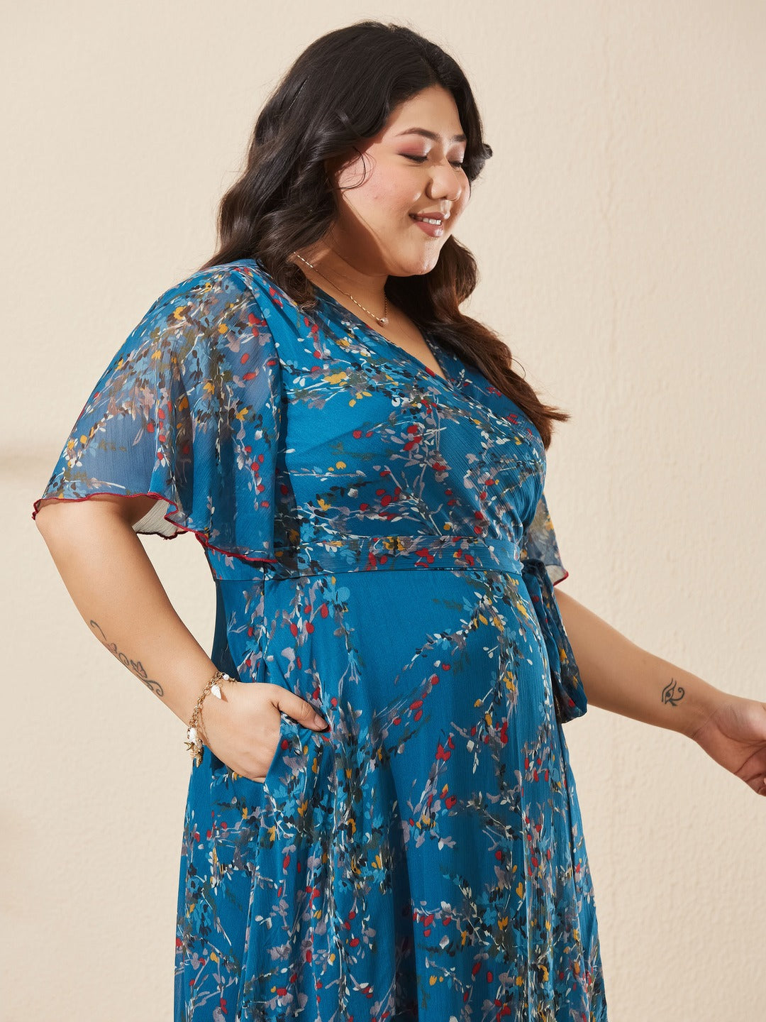 Teal Floral V-Neck Flared Sleeve Wrap Chiffon Maxi Dress for Women
