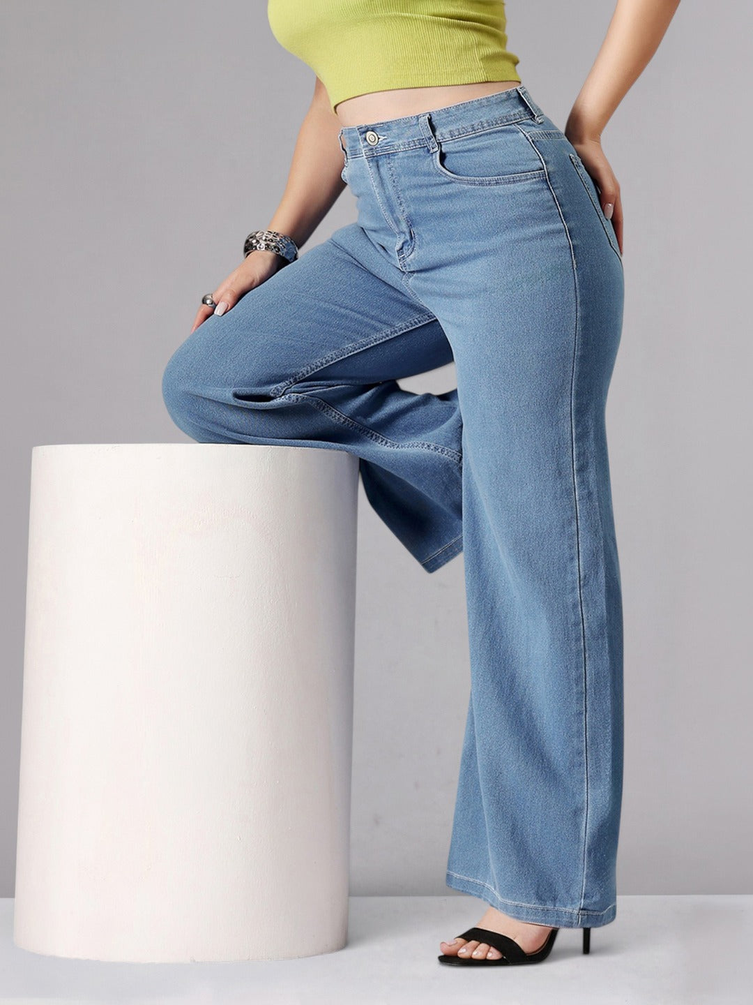 Blue Wide-Leg High-Rise Stretchable Denim Jeans for Women