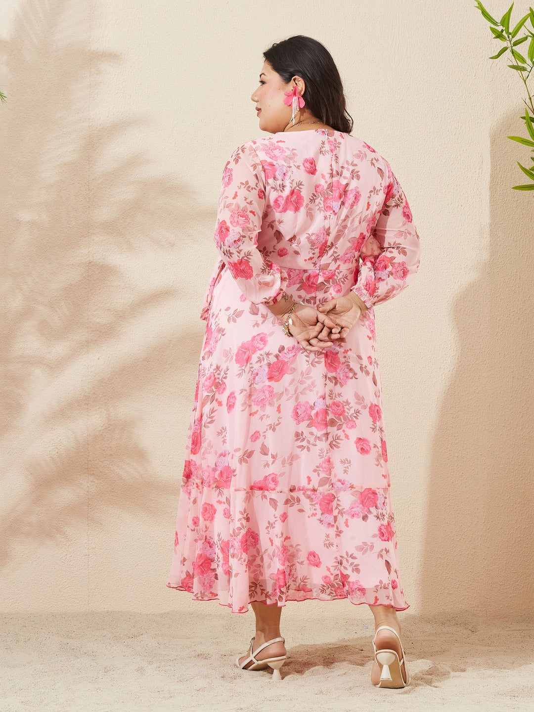 Pink Floral V-Neck 3/4 Sleeve Wrap Midi Chiffon Dress for Women