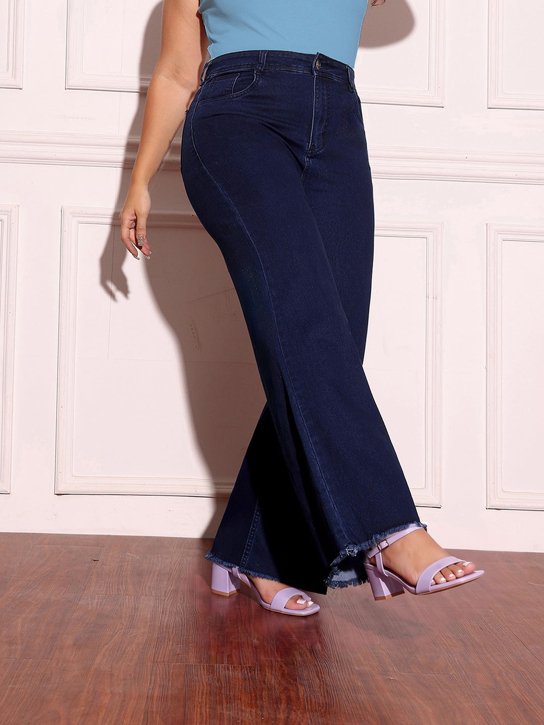 Blue Wide-Leg High-Rise Stretchable Denim Jeans for Women