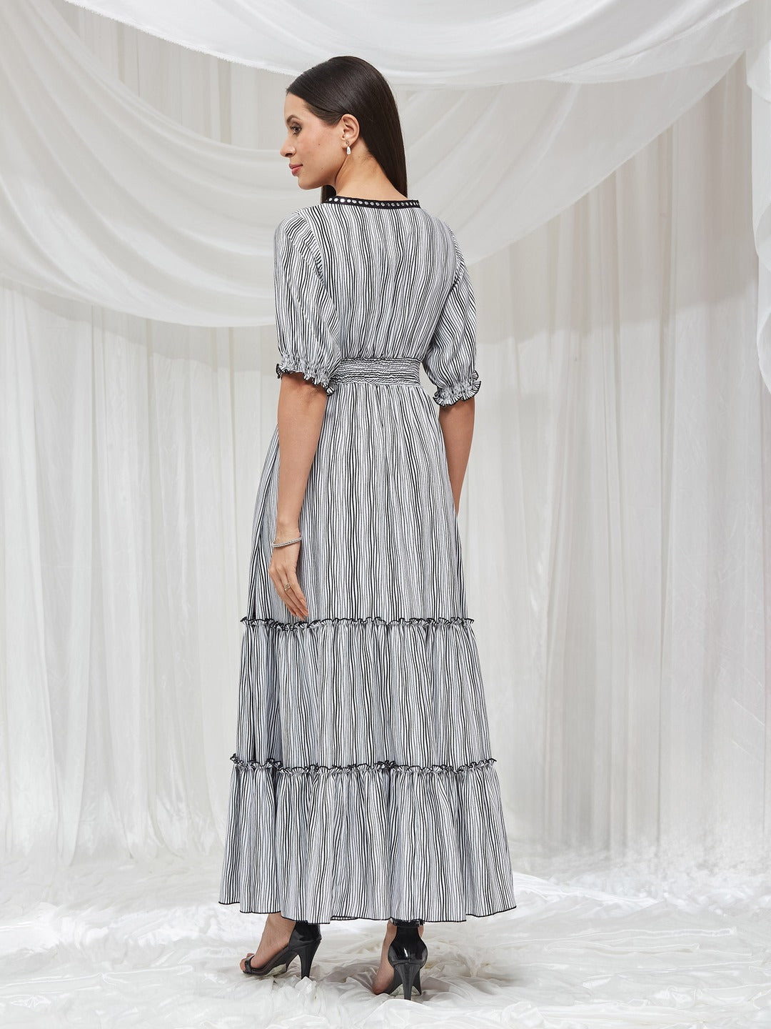 Black and White Overlapped Puff Sleeve Striped Wrap Crepe Maxi Dress for Women