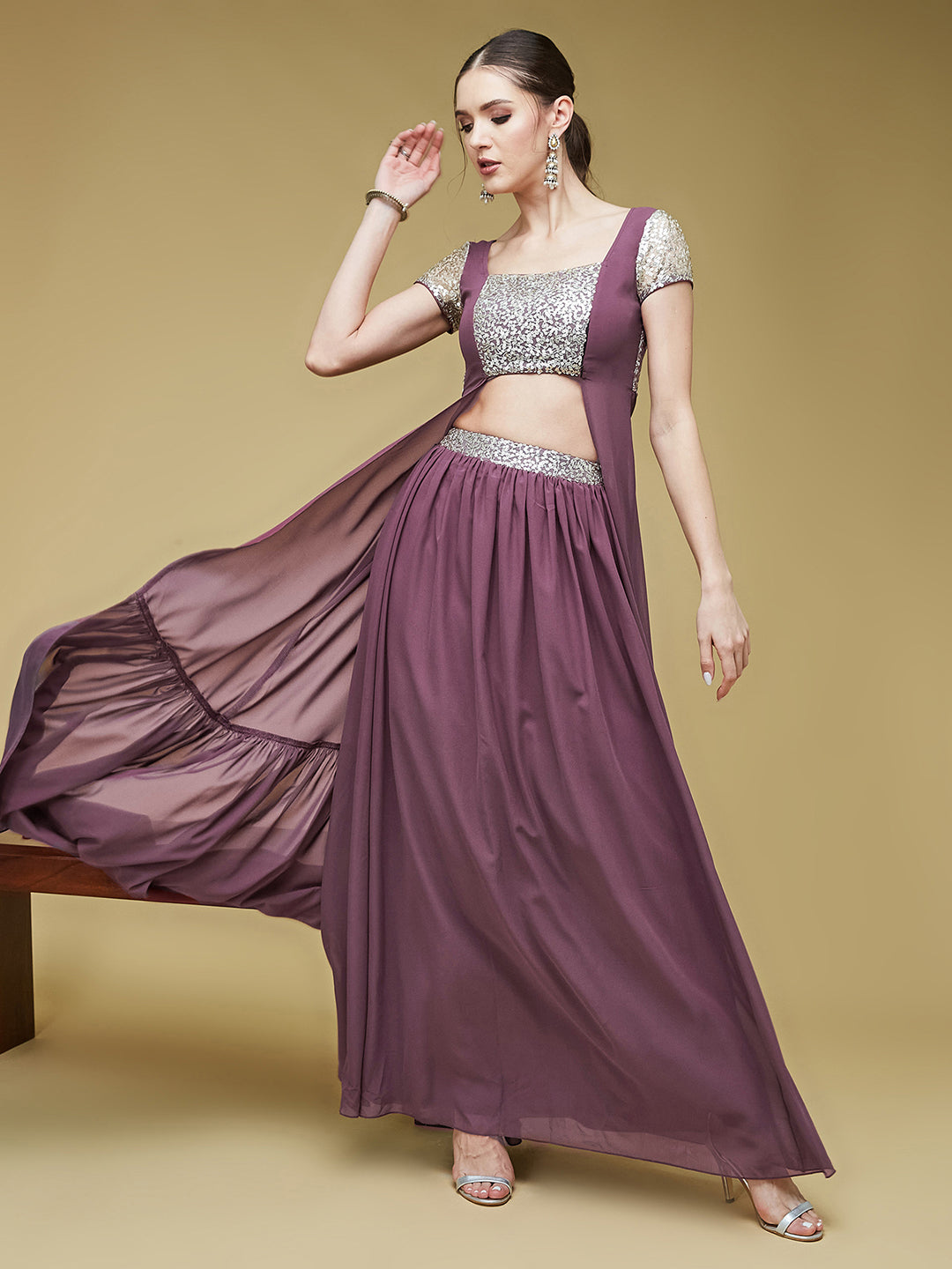 Mauve Embellished Square Neck Short Sleeves Waist Band Pocketed Tiered Maxi Co-Ord Set for Women