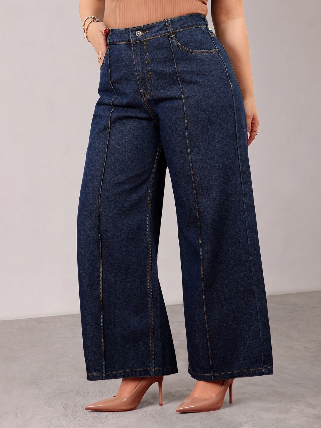 Navy Blue Wide-Leg High-Rise Non-stretchable Denim Jeans for Women