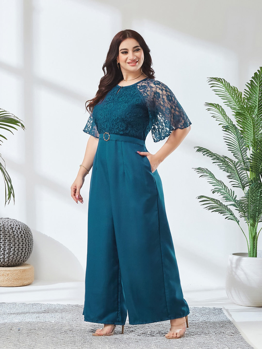Teal Round Neck Flared Sleeve Floral Raglan Regular Jumpsuit for Women