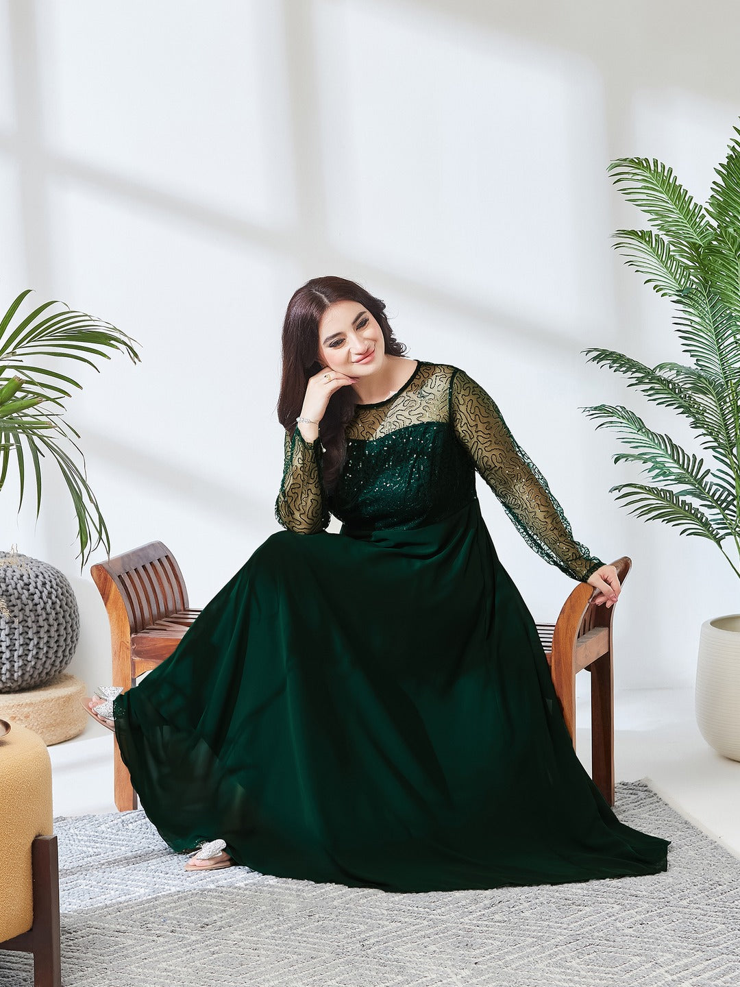 Dark Green Solid Embellished Maxi Dress for Women