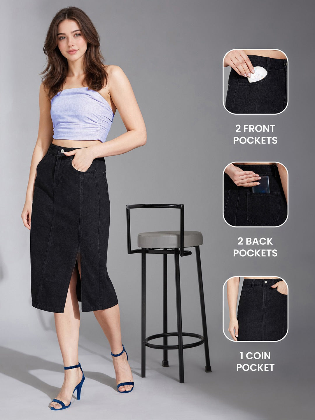 Black Straight-Fit High-Rise Stretchable Denim Midi Skirt for Women