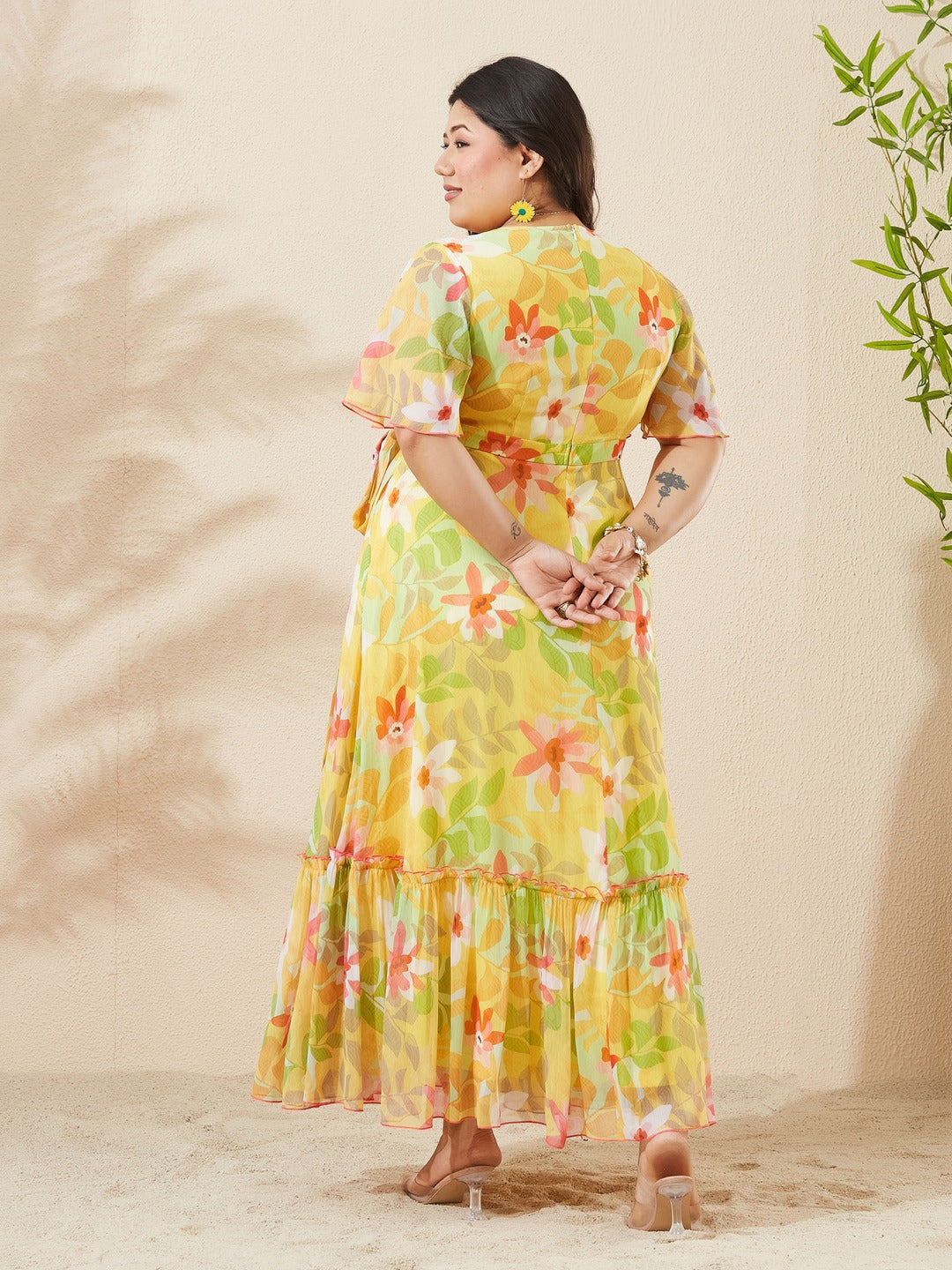 Butter Yellow Floral V-Neck Flutter Sleeve Bohemian Wrap Chiffon Maxi Dress for Women