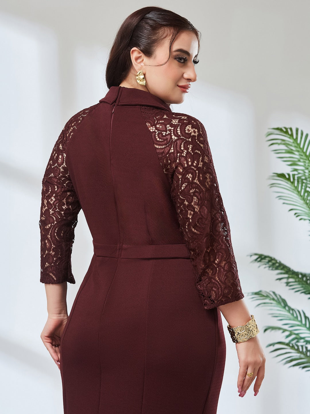 Wine Notched Collar Three-Quarter Sleeve Self-Designed Bodycon Midi Dress for Women