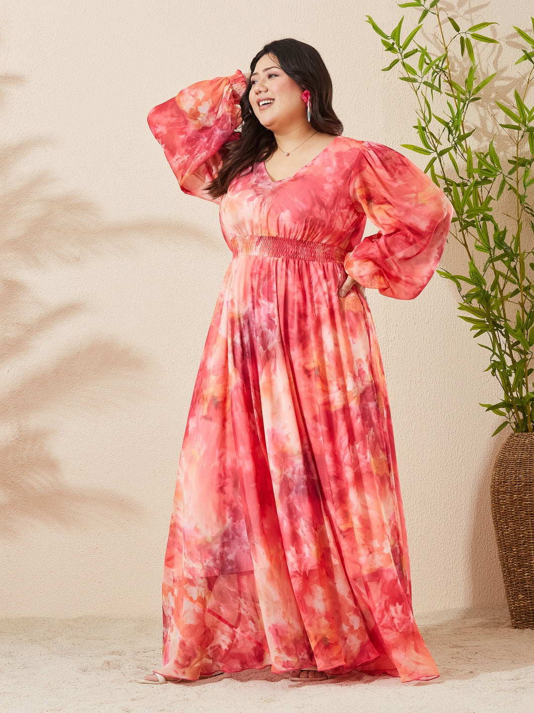 Flame Orange & Pink Floral V-Neck Bishop Sleeve Smocked Chiffon Maxi Dress for Women