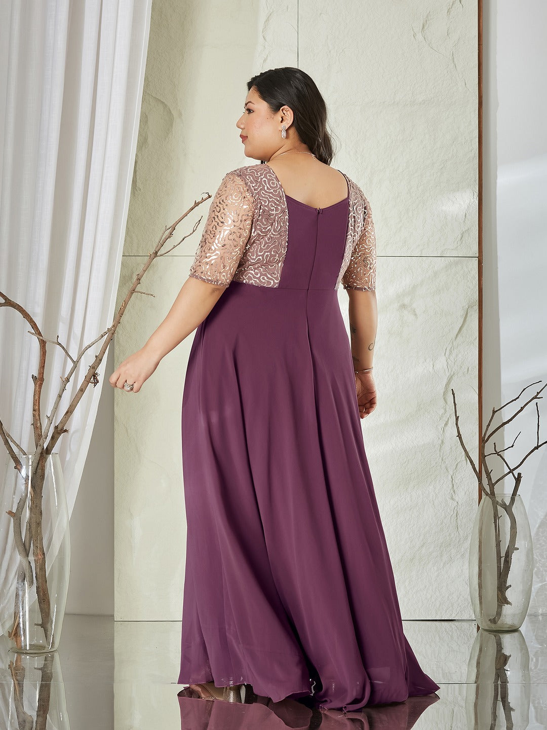 Mauve Square Neck Half Sleeve Solid Embellished Georgette Maxi Dress for Women