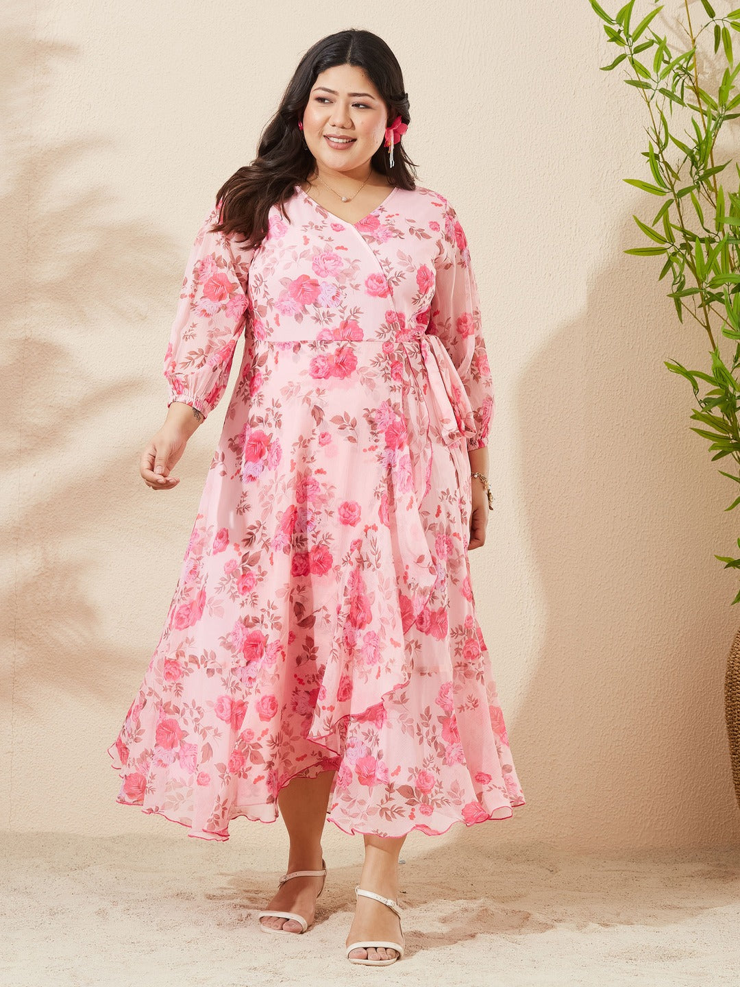 Pink Floral V-Neck 3/4 Sleeve Wrap Midi Chiffon Dress for Women