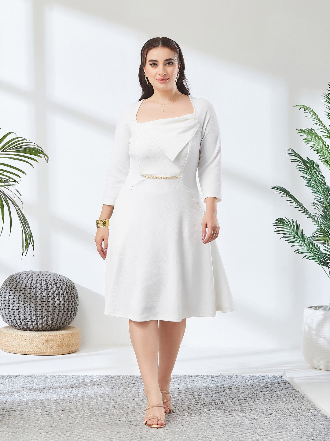 Off White Solid Square Neck Raglan Sleeves Side Pocketed Polyester Fit and Flare Knee-Length Dress for Women