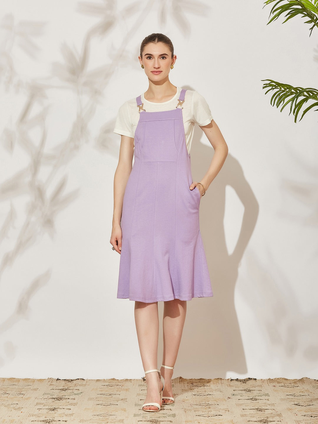 Lavender Round Neck Half Sleeve Solid Panneled/ Pinafore Knee-Long Polyester Dress Co-Ord Set for Women