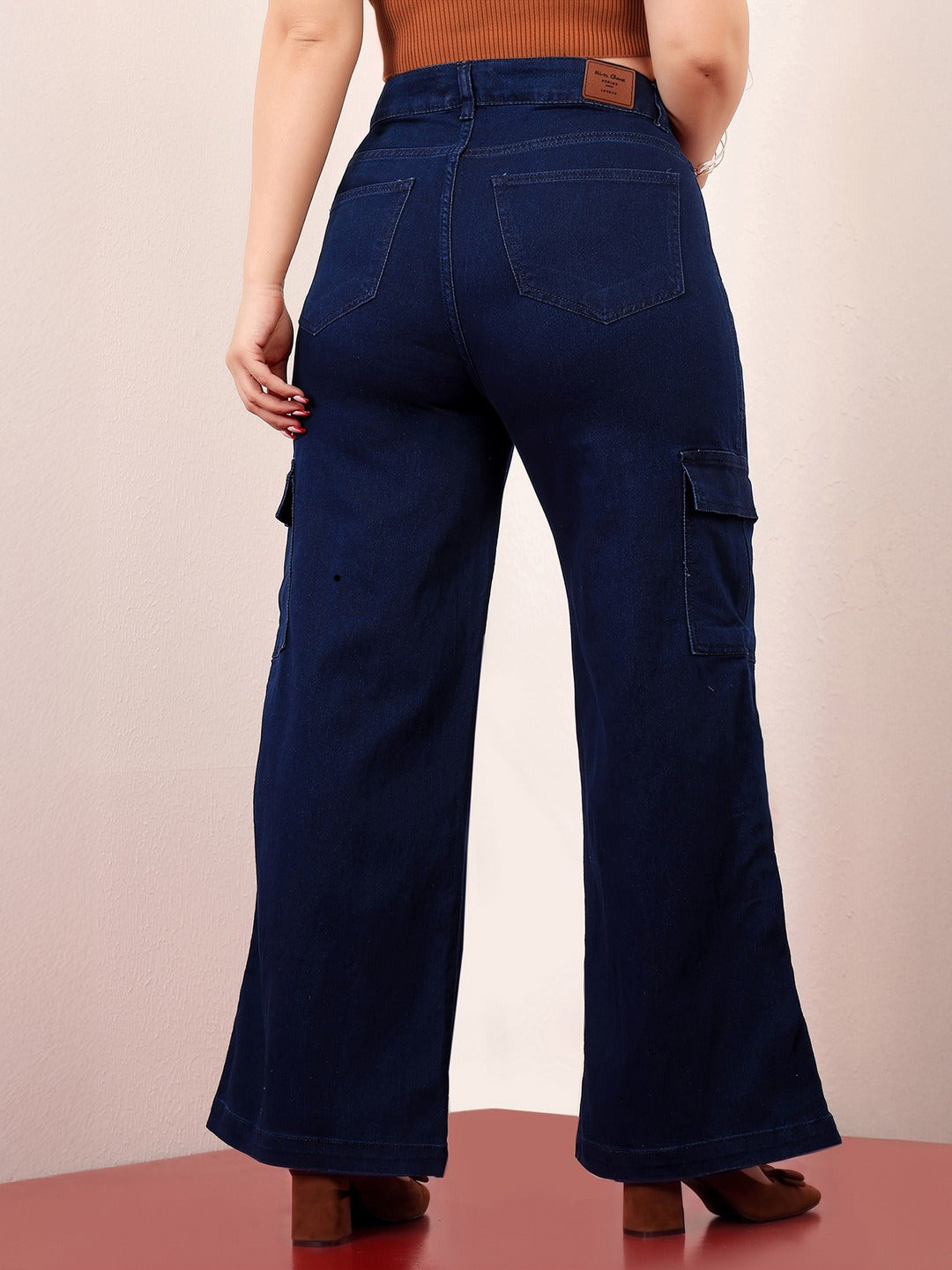 Navy Blue Wide-Leg High-Rise Stretchable Denim Cargo Jeans for Women