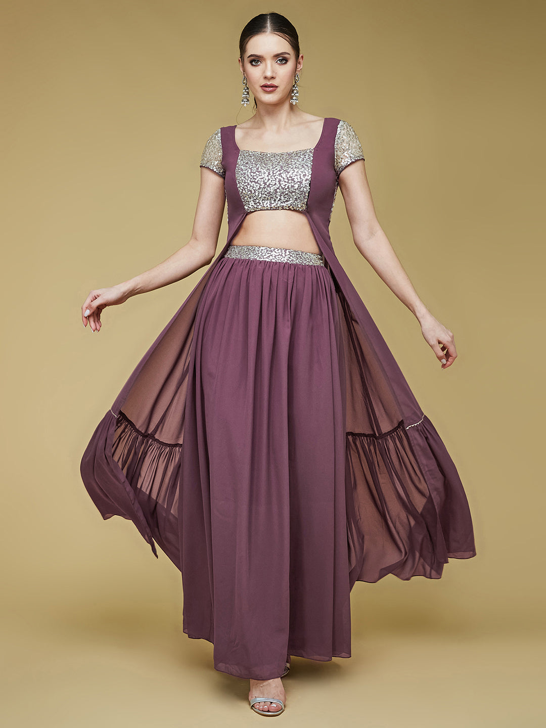 Mauve Embellished Square Neck Short Sleeves Waist Band Pocketed Tiered Maxi Co-Ord Set for Women