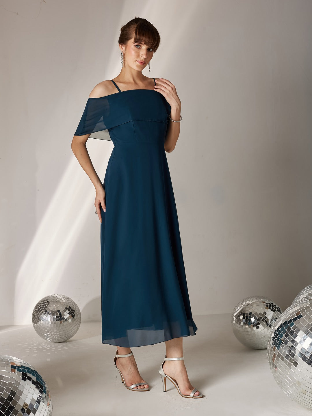 Teal Bardot Style Sleeveless Spaghetti Strap Solid Off Shoulder Midi Skater Dress for Women
