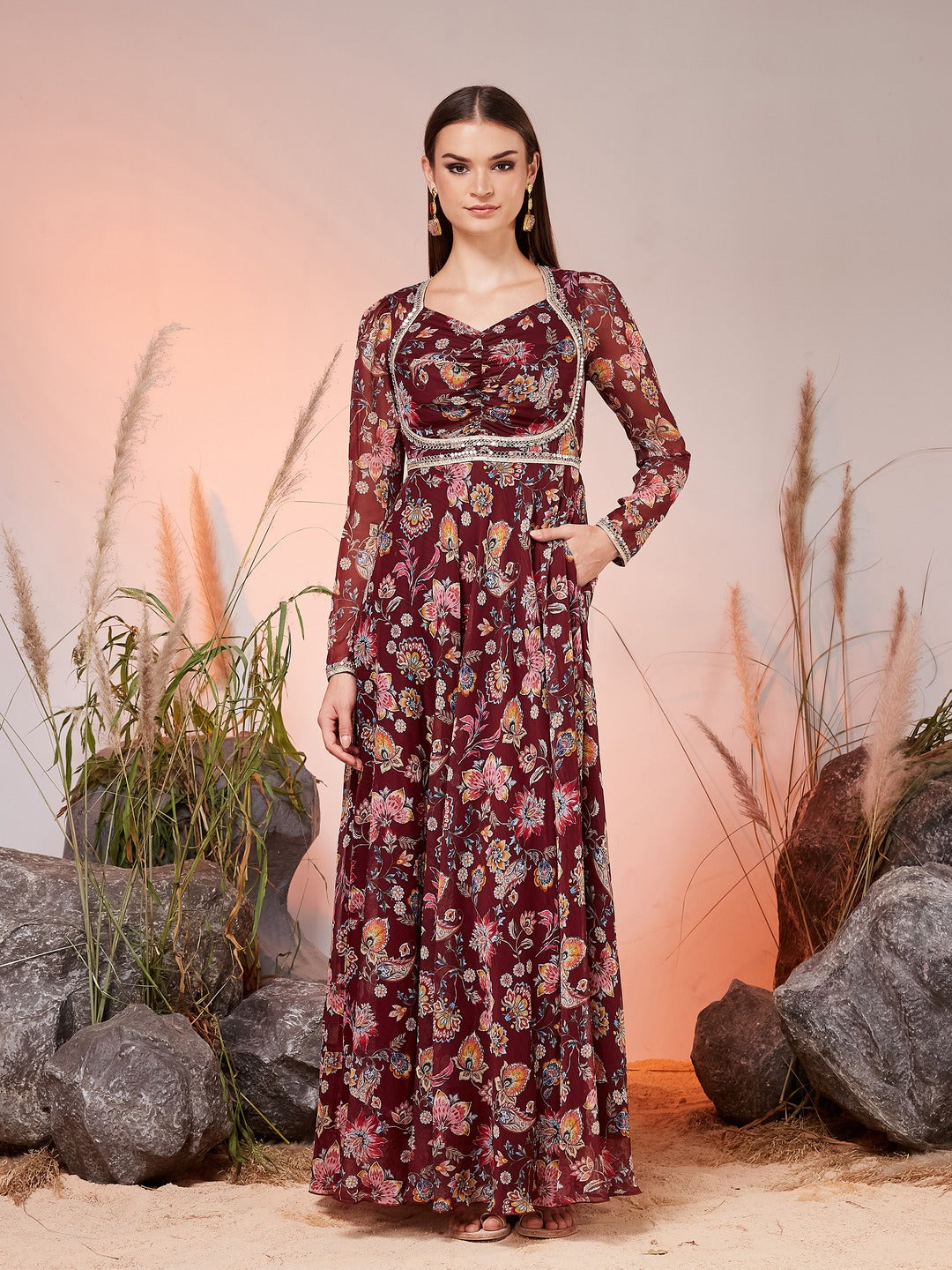 Burgundy Sweetheart Neck Bishop Floral Ruched Maxi Chiffon Ethnic Dress for Women