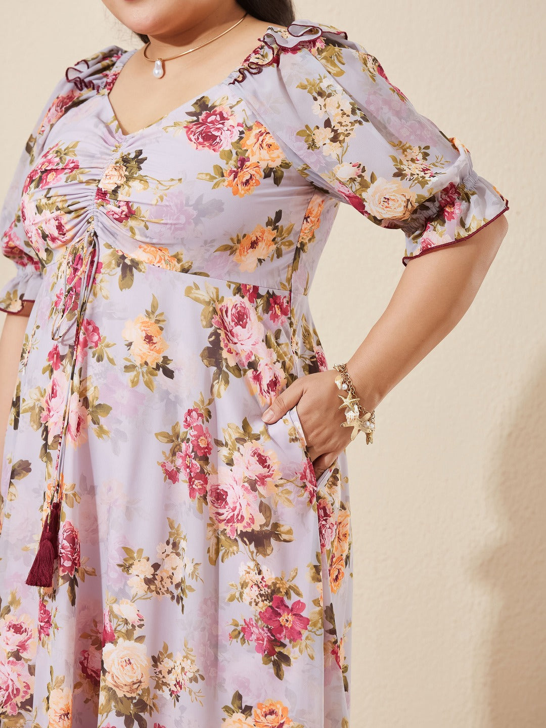 Light Grey Sweetheart Puff Sleeve Tiered Georgette Maxi Dress for Women