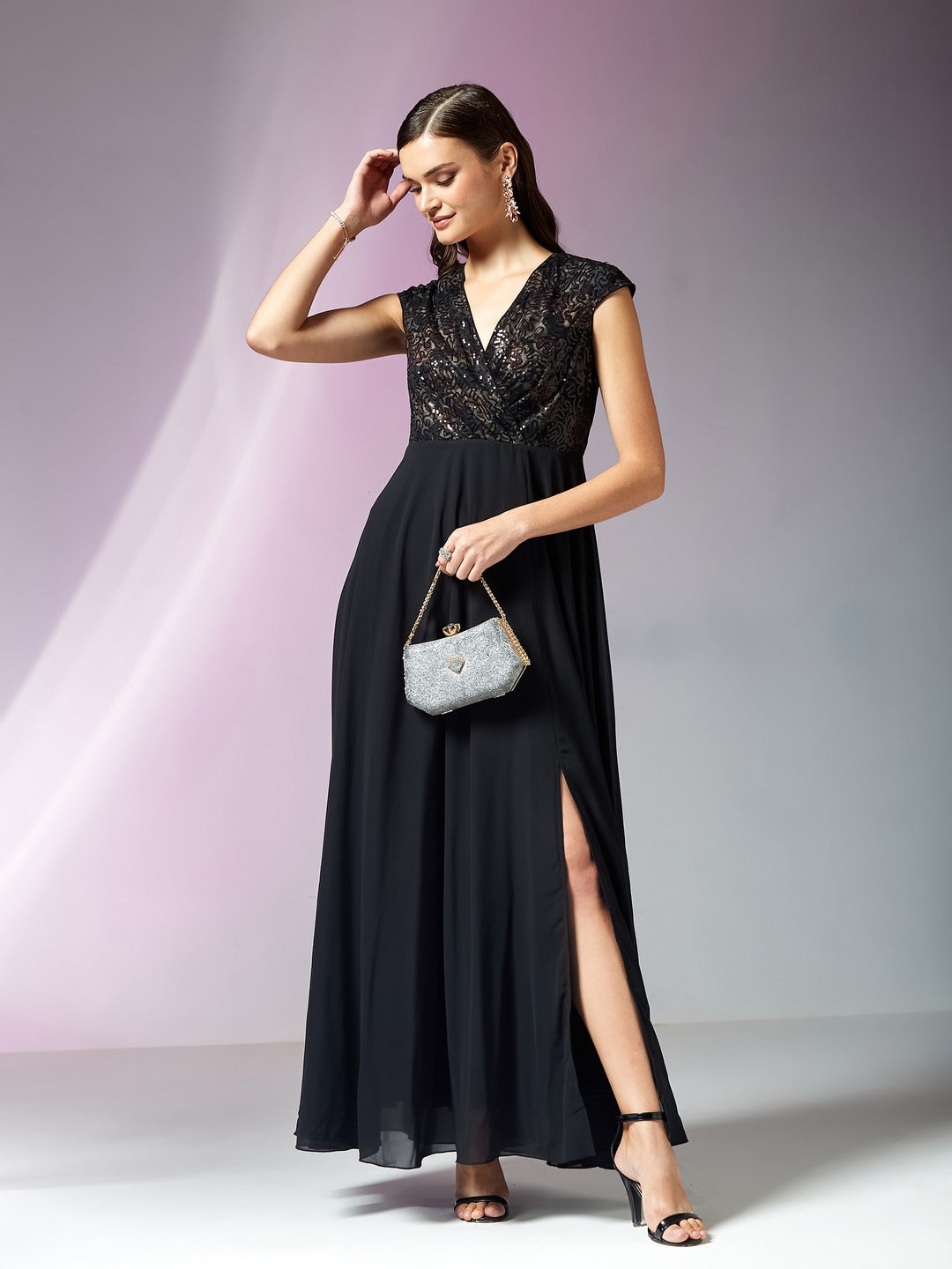 Black Overlapped Extended Shoulder Embellished Georgette Maxi Dress for Women