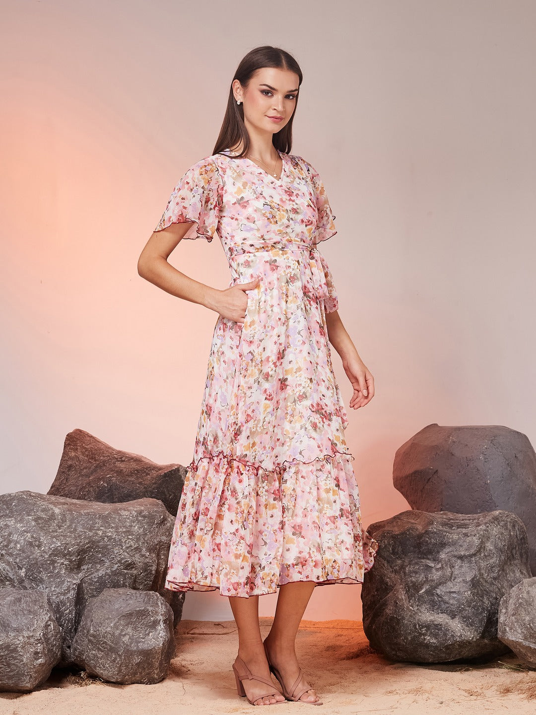 Pink V-Neck Flared Sleeve Floral Wrap Chiffon Maxi Dress for Women