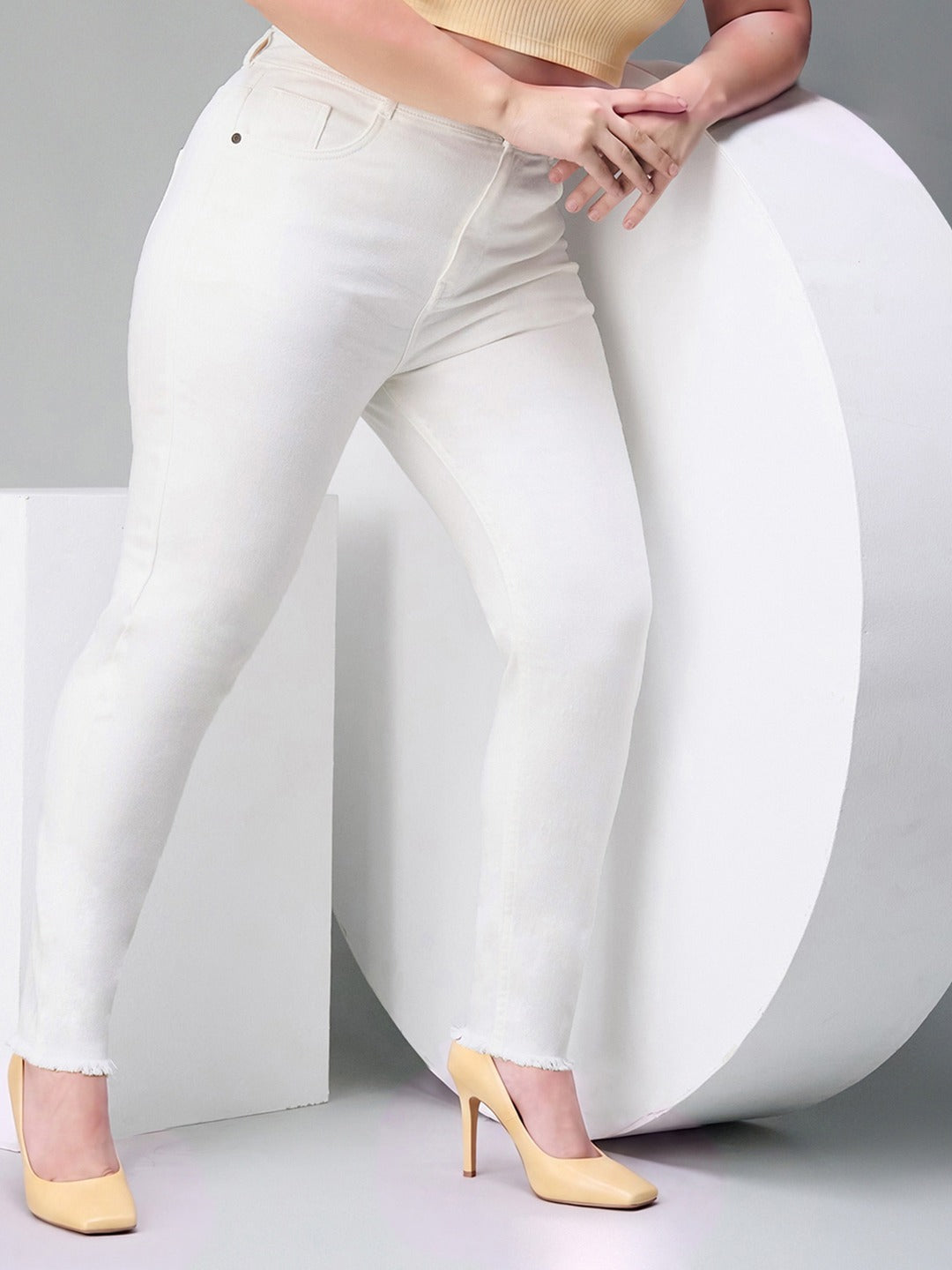 White Skinny High Rise Bleached Cropped Stretchable Denim Jeans for Women
