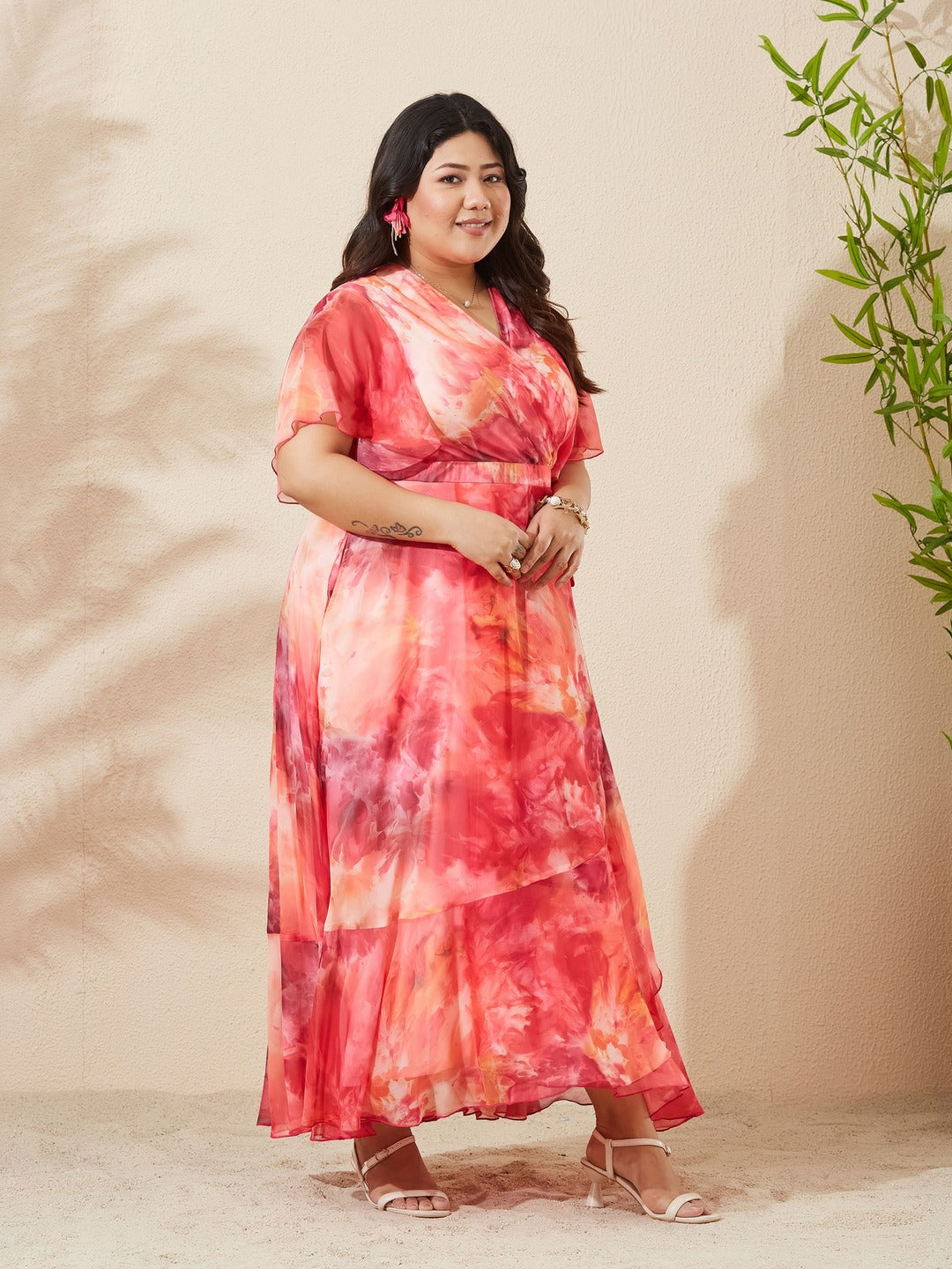 Flame Orange And Pink V-Neck Flared Abstract Overlap/Tie-Up Maxi Chiffon Dress for Women