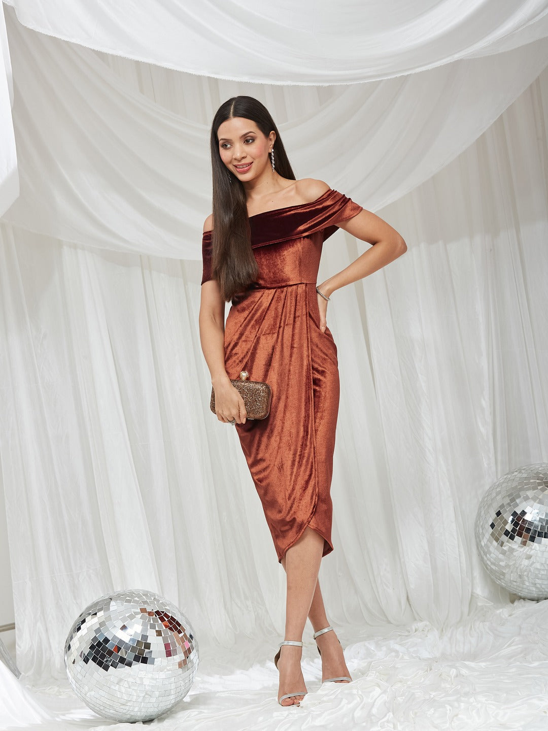 Rust Velvet Off-Shoulder Draped Knee-Length Dress with Tulip Hem for Women