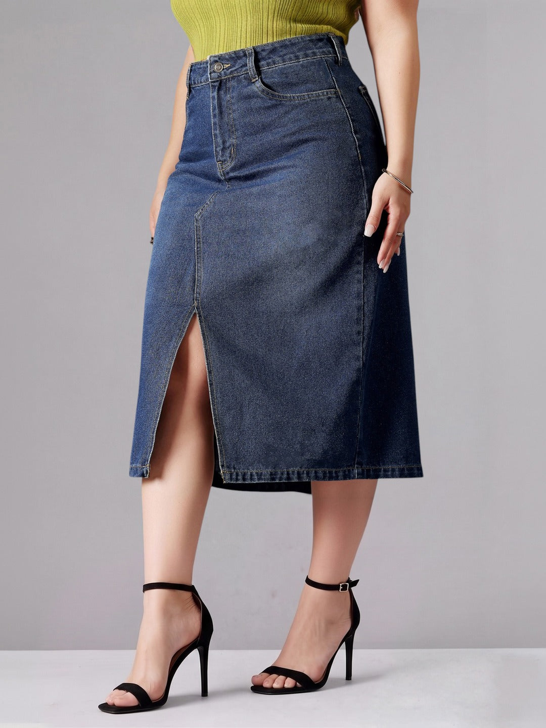 Dark Blue A-Line High-Rise Non-stretchable Denim Midi Skirt for Women