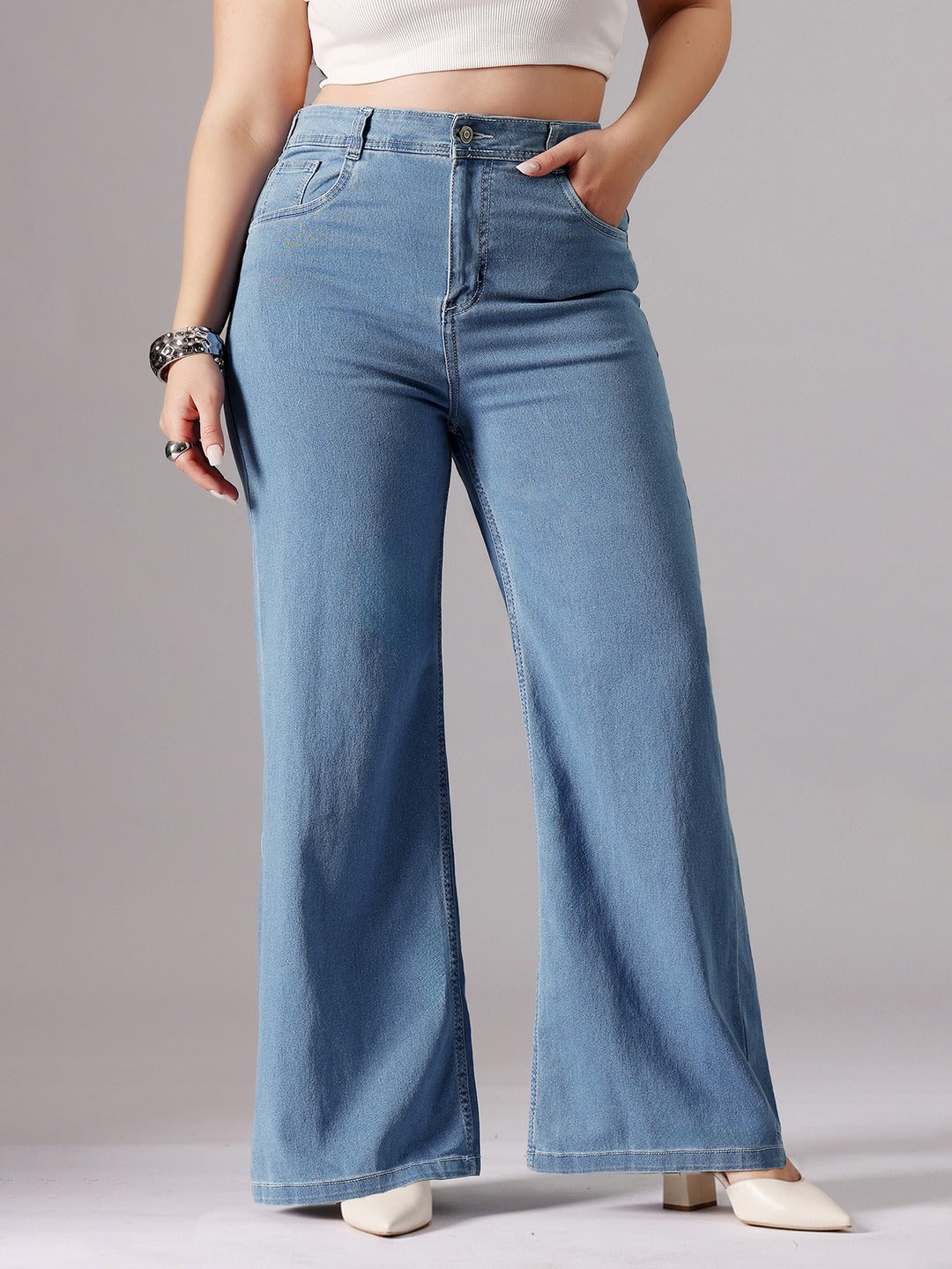 Blue Wide-Leg High-Rise Stretchable Denim Jeans for Women