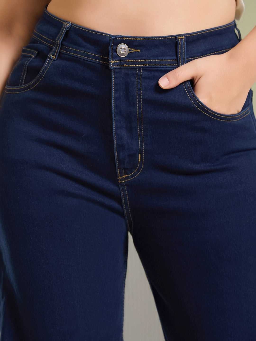 Blue Wide-Leg High-Rise Stretchable Patch-Pocketed Denim Jeans for Women