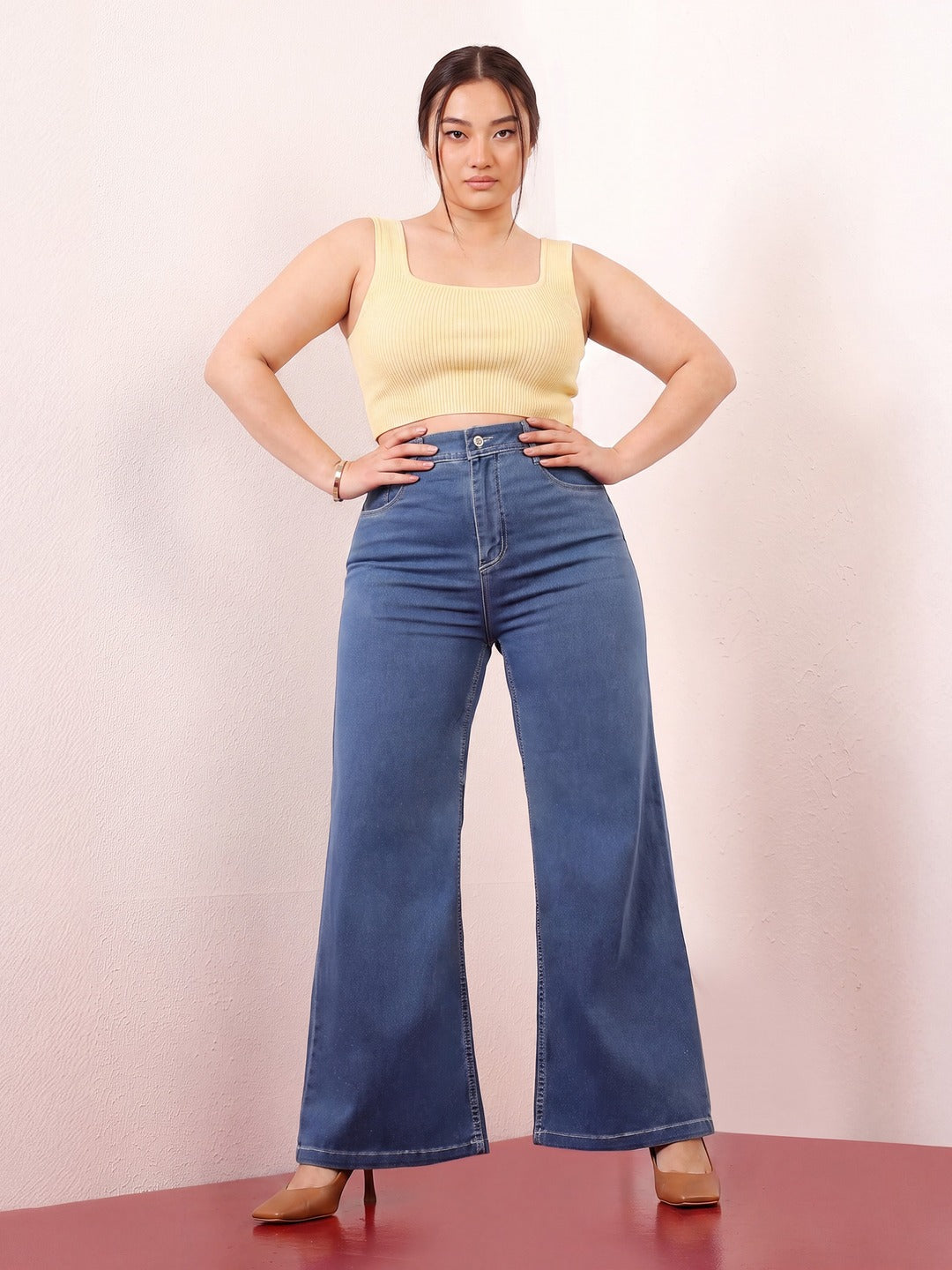 Blue Wide-Leg High-Rise Stretchable Denim Jeans for Women
