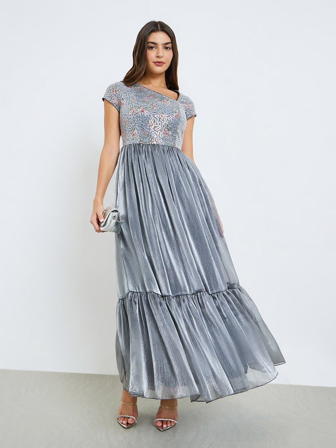 Silver Asymmetric Short Sleeve Embellished Tiered Chiffon Maxi Dress for Women