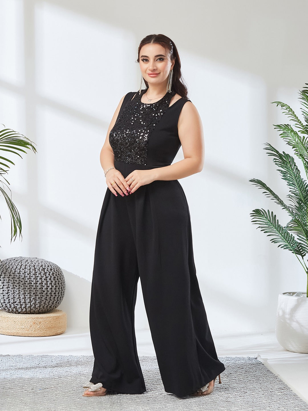 Black Halter Neck Sleeveless Solid Pleated/Wide Leg Sequin Paneled Regular Length Jumpsuit for Women