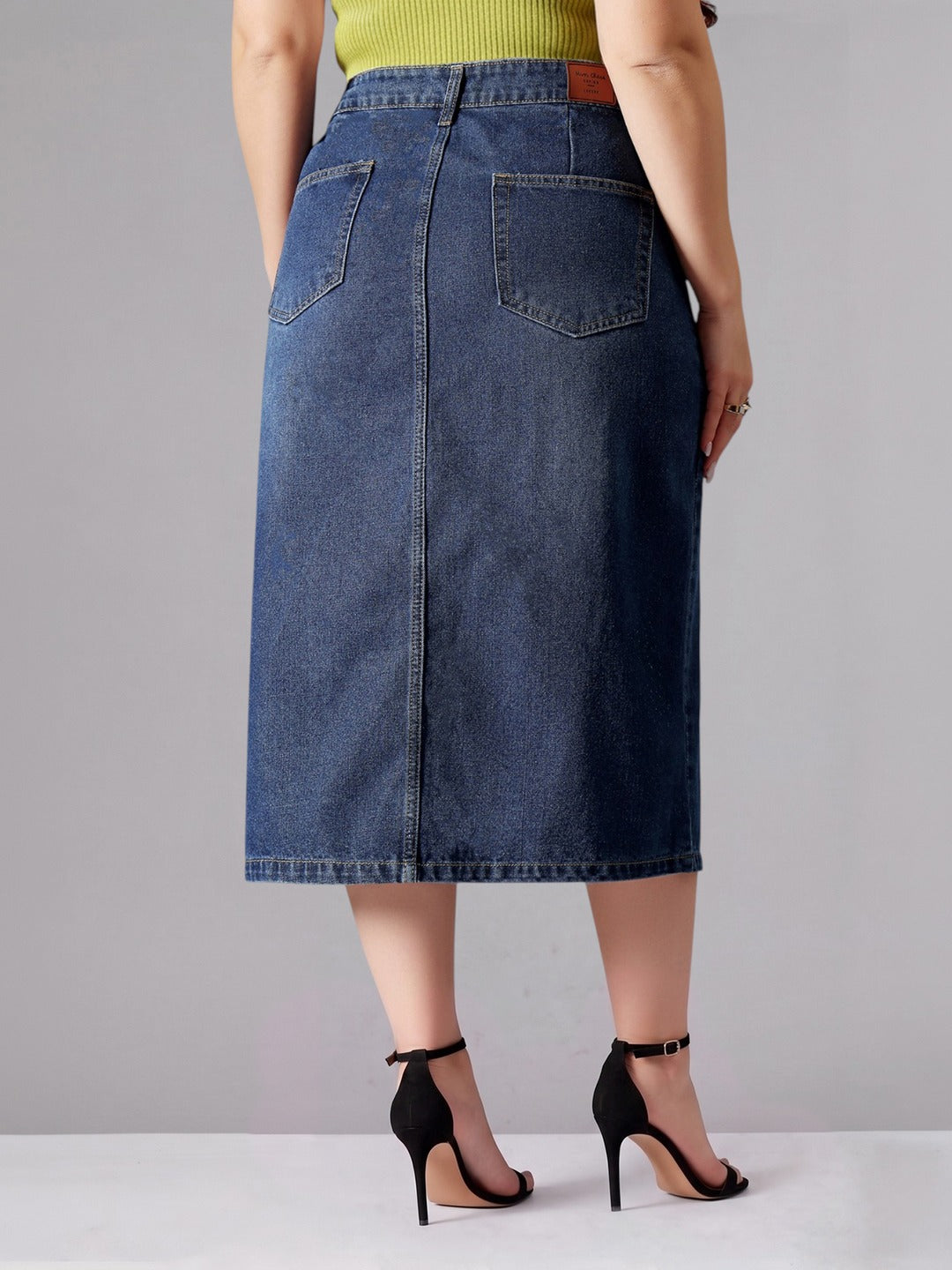 Dark Blue A-Line High-Rise Non-stretchable Denim Midi Skirt for Women