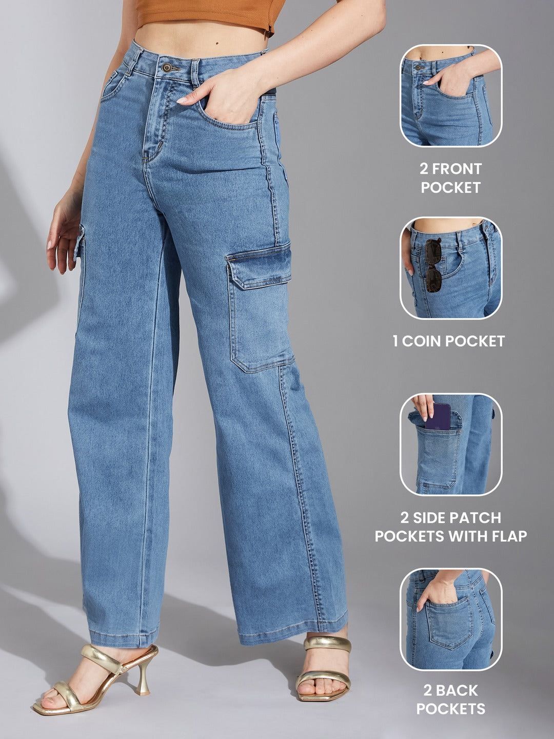 Blue Wide-Leg High-Rise Heavy Wash Stretchable Cargo Denim Jeans for Women