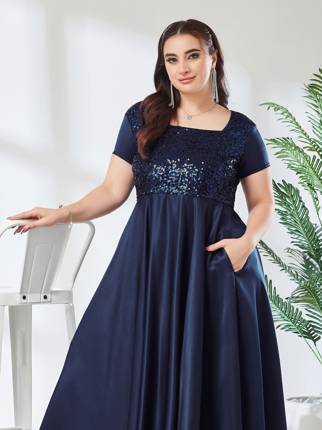 Navy Blue Square Neck Short Sleeve Embellished Polyester Fit & Flare Maxi Dress for Women