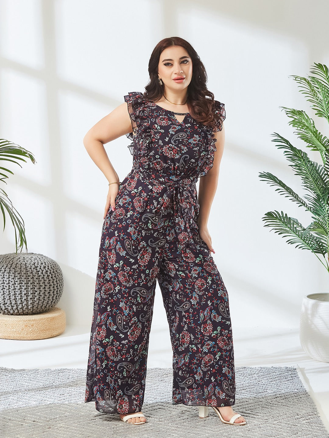 Navy Blue Round Neck Sleeveless Floral Wide Leg Regular Jumpsuit for Women