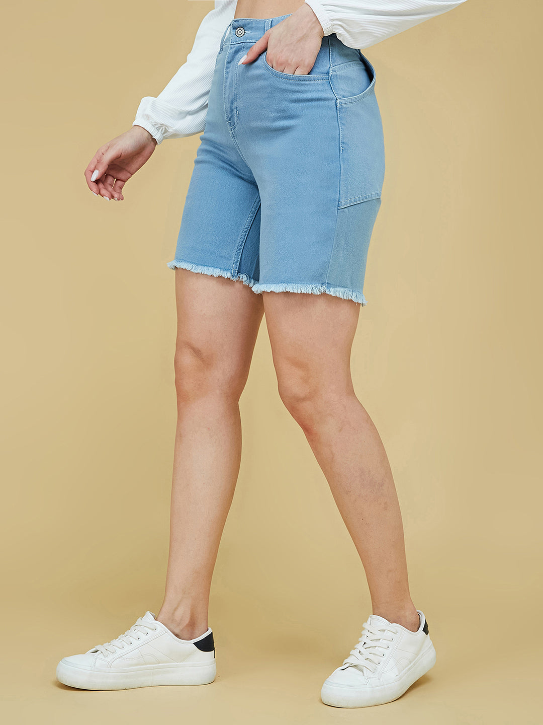 Light Blue Regular High-Rise Above Knee Stretchable Denim Shorts for Women