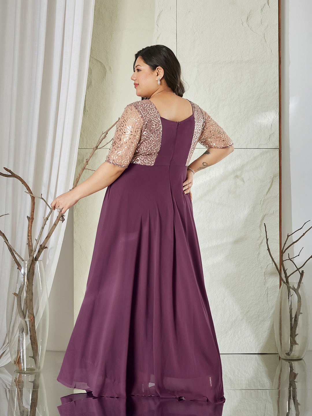 Mauve Square Neck Half Sleeve Solid Embellished Georgette Maxi Dress for Women