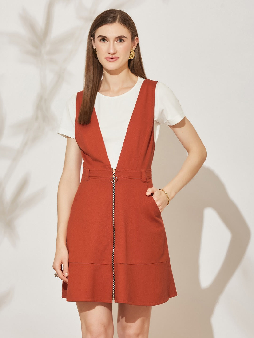 Rust Solid Polyester Pinafore Dress with Zipper Detail and Side Pockets for Women